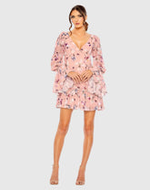 Pink Floral Print Long Flutter Sleeve Dress